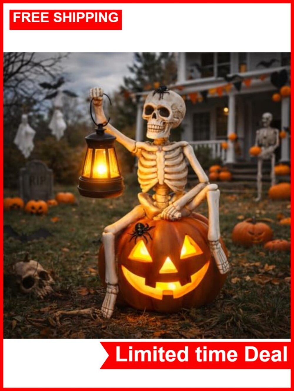 Solar Lighted Skeleton Pumpkin Statue Resin Halloween Decor